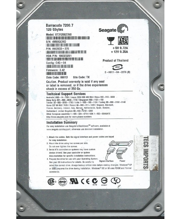 Seagate Barracuda 7200.7 ST3120827AS 120GB 7200 RPM 8MB Cache SATA 1.5Gb/s 3.5" Hard Drive Bare Drive